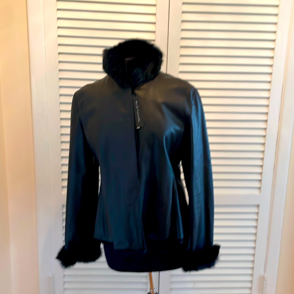 NWT Elie Tahari genuine leather/genuine fur rabbit jacket size L reversable
